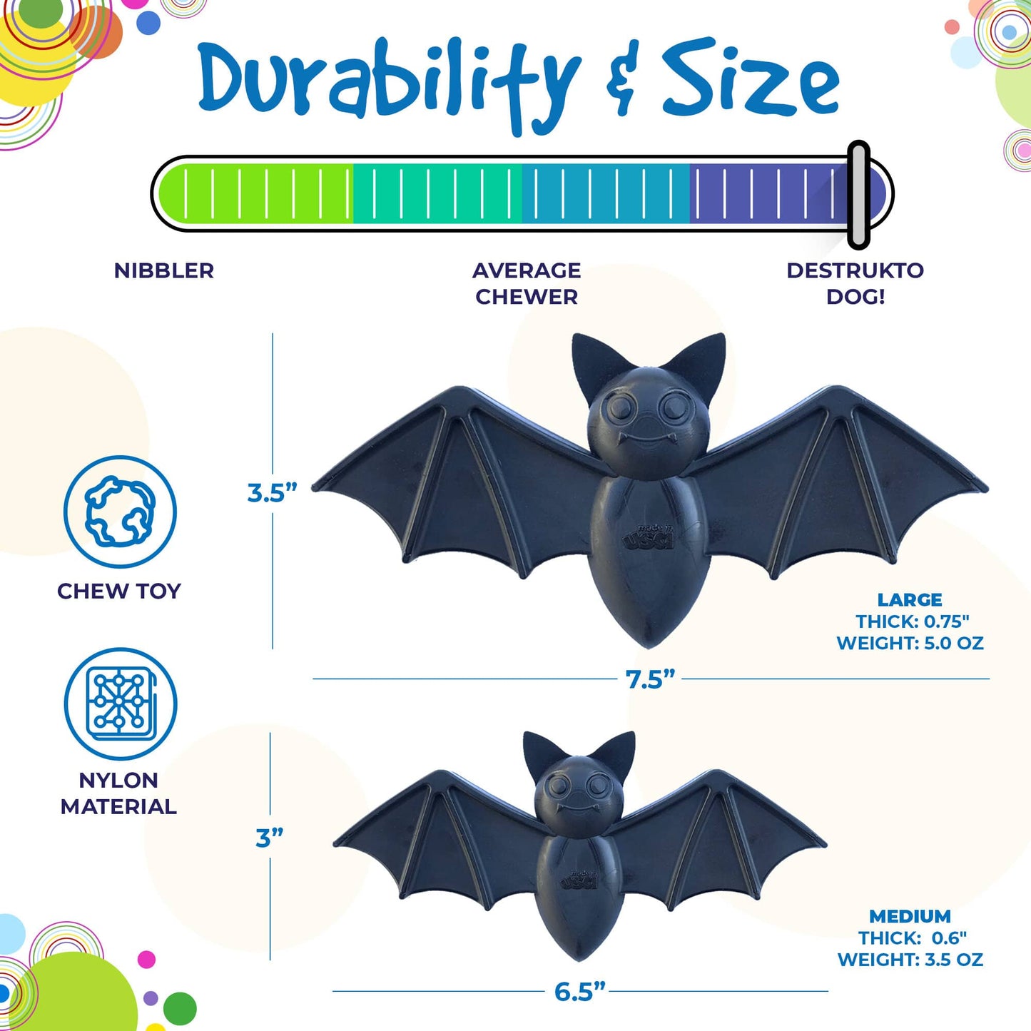SodaPup Dog Toys - Vampire Bat Nylon Dog Chew Toy for Aggressive Chewers | USA Made & FDA Compliant